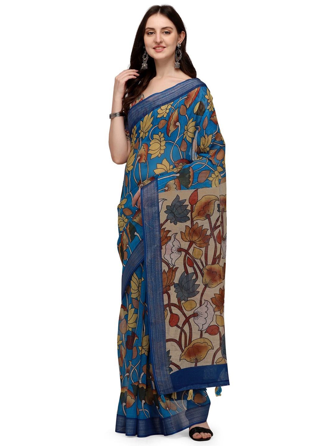 

KALINI Floral printed Zari Saree, Beige