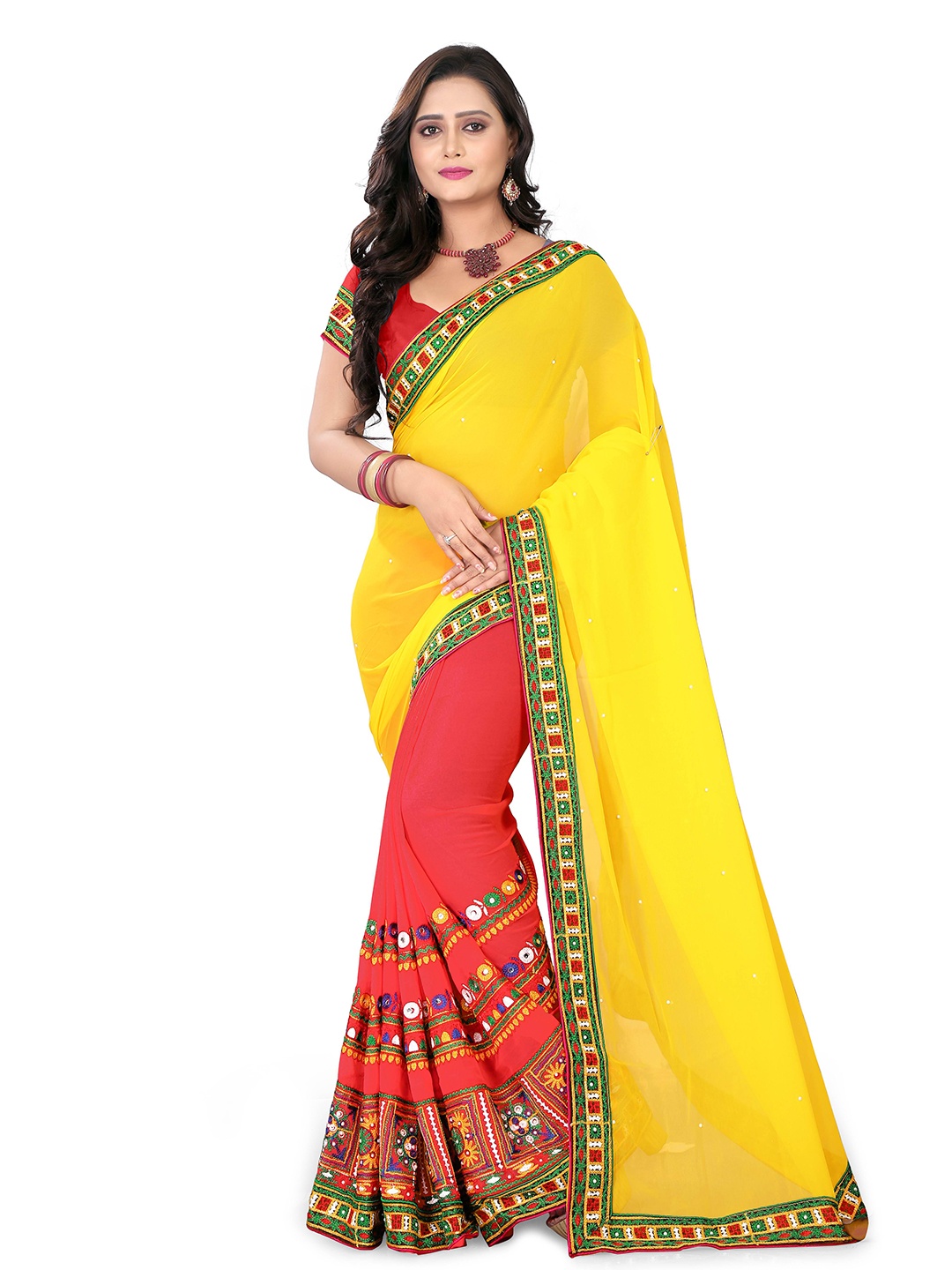 KALINI Ethnic Motif Embroidered Half And Half Saree, Yellow