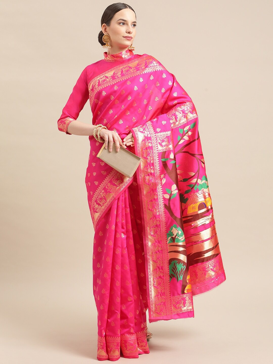 

KALINI Ethnic Motifs Woven Design Zari Saree, Pink