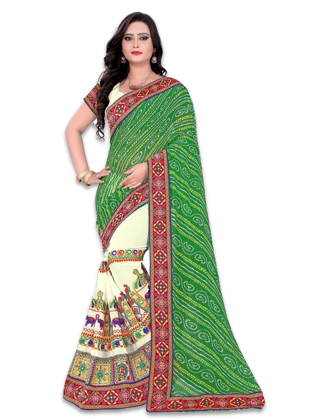 

KALINI Bandhani Printed Embroidered Pure Georgette Saree, Green