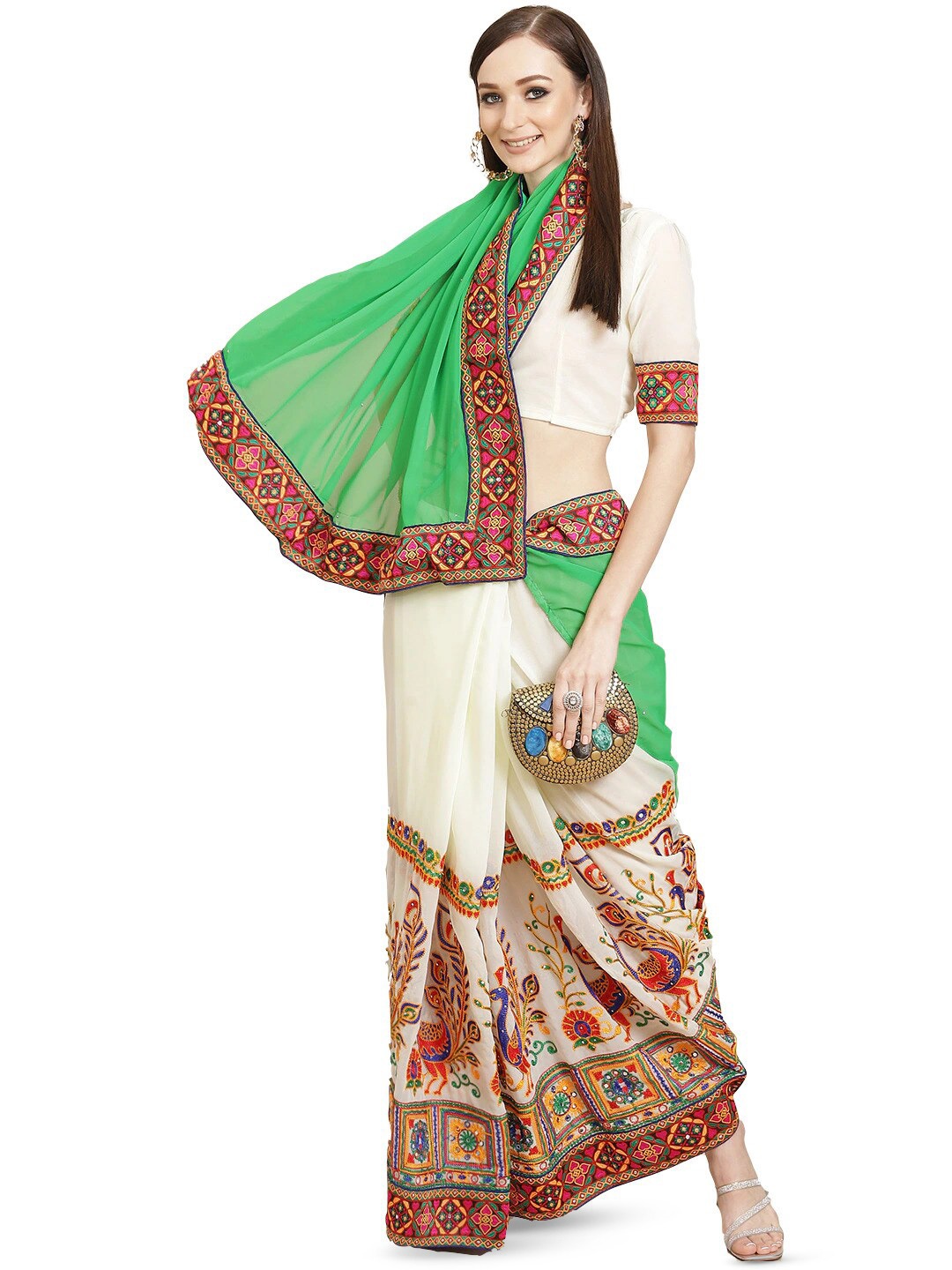 

KALINI Ethnic Motifs Embroidered Pure Georgette Half and Half Saree, Green