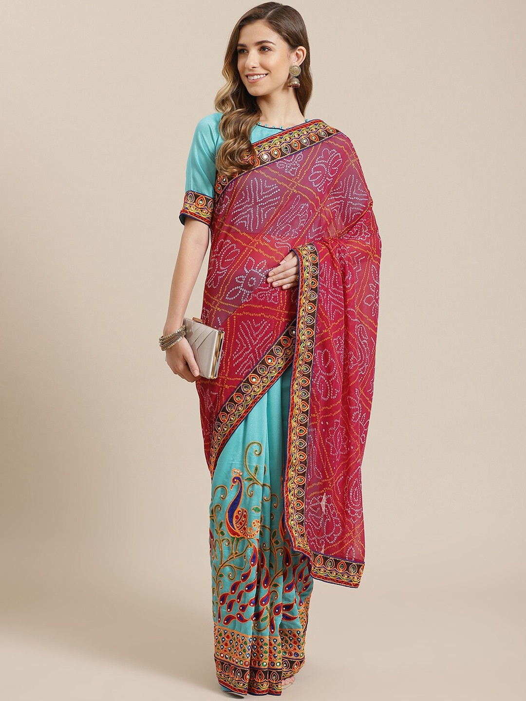 

KALINI Bandhani Embroidered Half and Half Saree, Pink