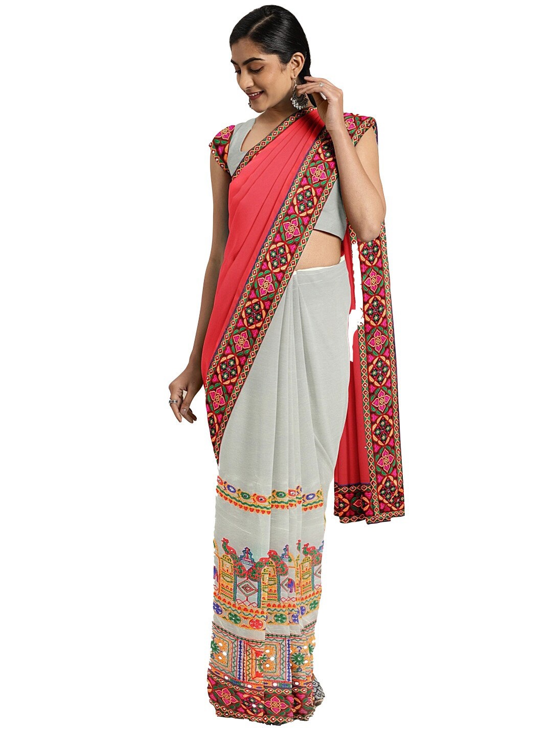 

KALINI Ethnic Motifs Embroidered Sequined Pure Georgette Half and Half Saree, Pink