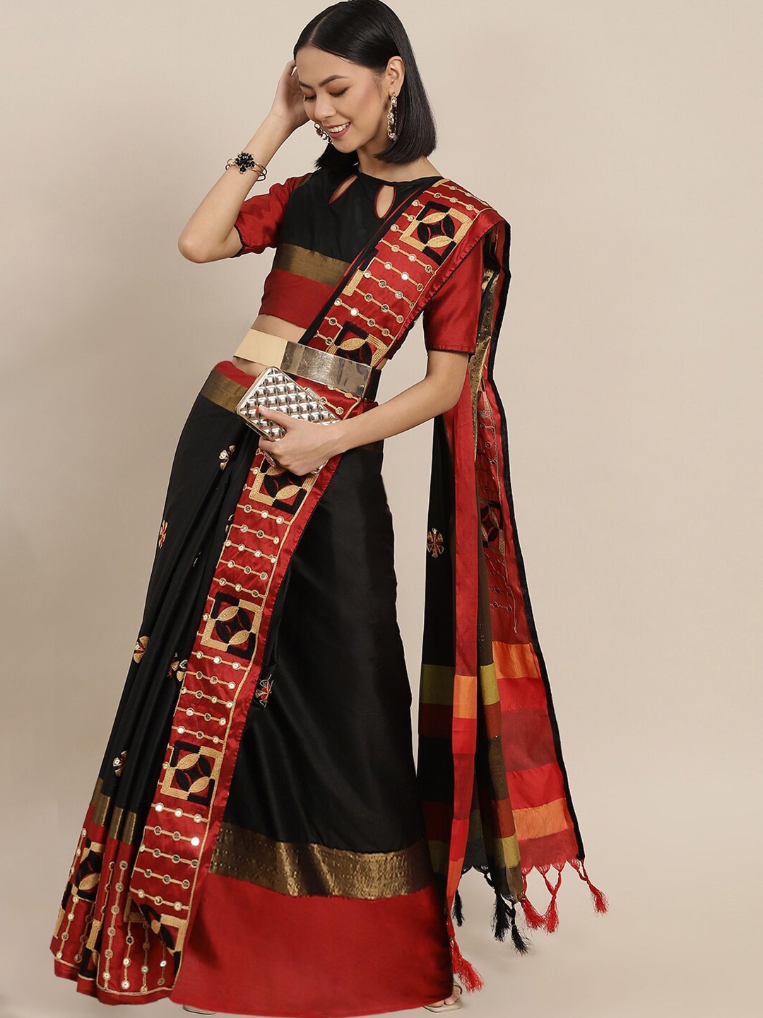 

KALINI Ethnic Motifs Embroidered Silk Cotton Saree, Black