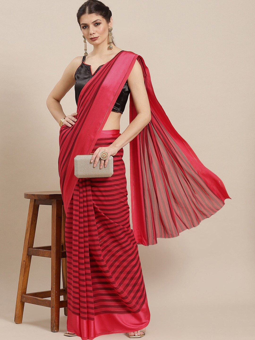 

KALINI Striped Silk Blend Saree, Pink