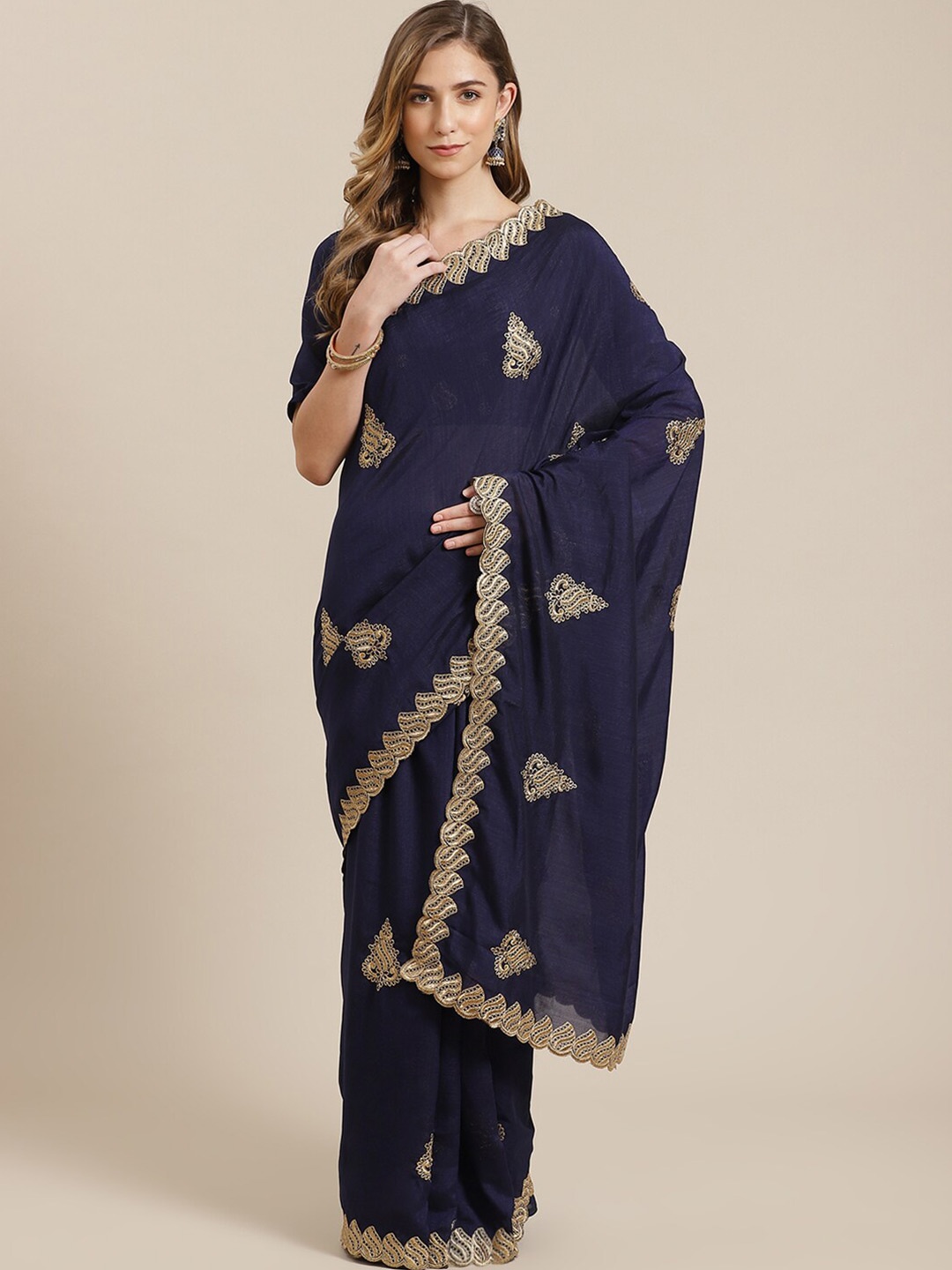 

KALINI Ethnic Motifs Embroidered Saree, Navy blue