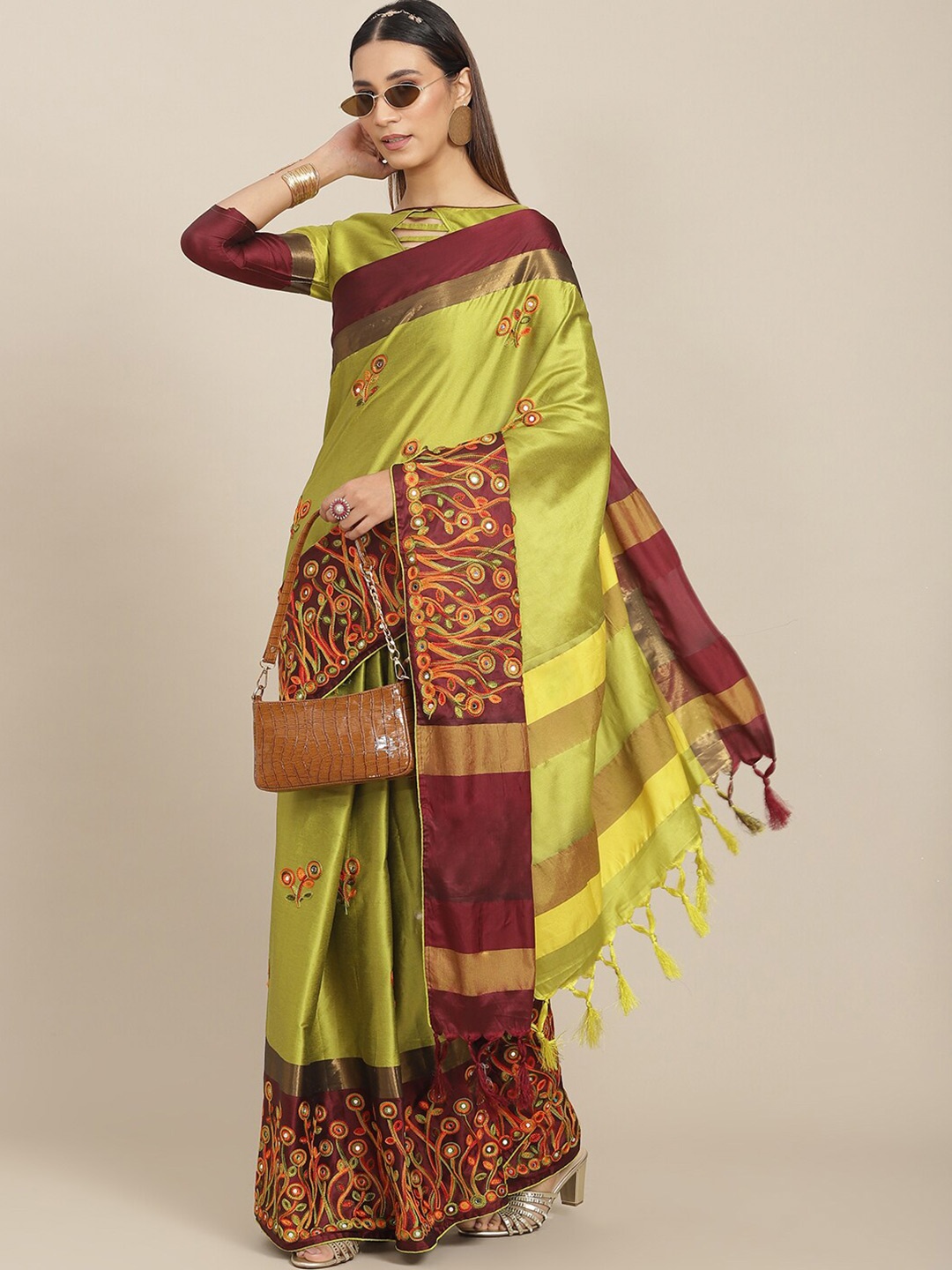 

KALINI Floral Embroidered Silk Cotton Saree, Green