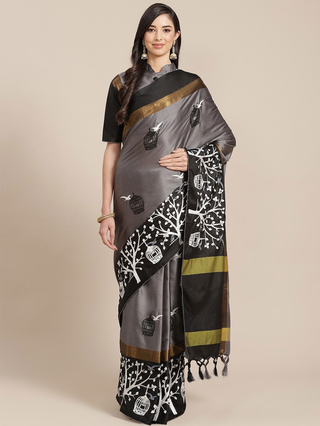 

KALINI Ethnic Motifs Embroidered Silk Cotton Saree, Grey