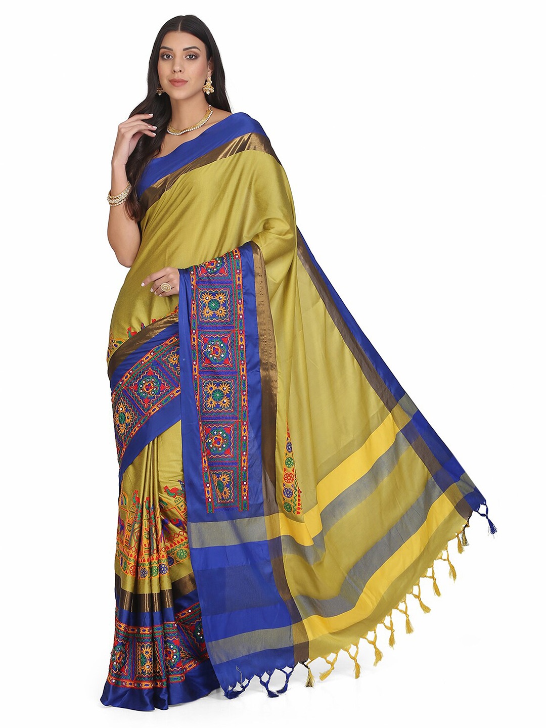 

KALINI Ethnic Kutchi Embroidered Silk Cotton Saree, Yellow