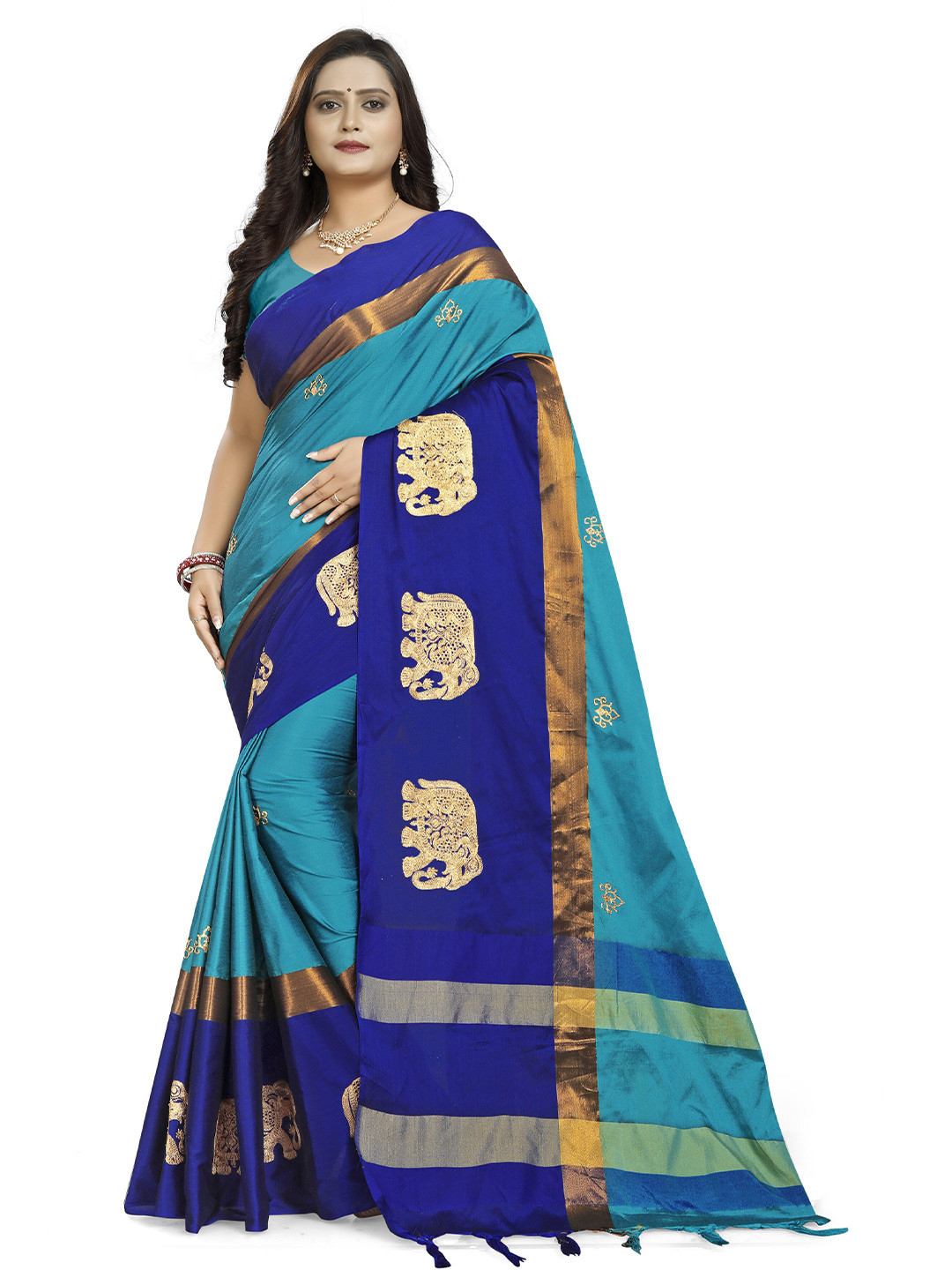 

KALINI Ethnic Embroidered Silk Cotton Saree, Blue