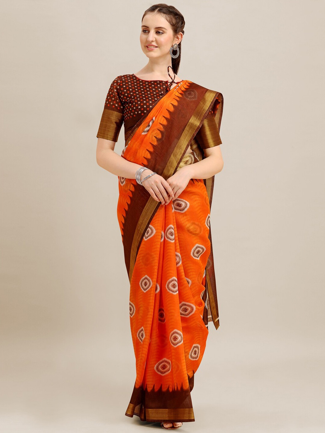 

KALINI Geometric prism printed Zari Saree, Orange