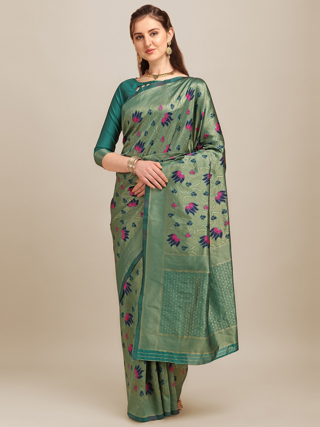 

KALINI Floral Woven Design Zari Silk Cotton Banarasi Saree, Green