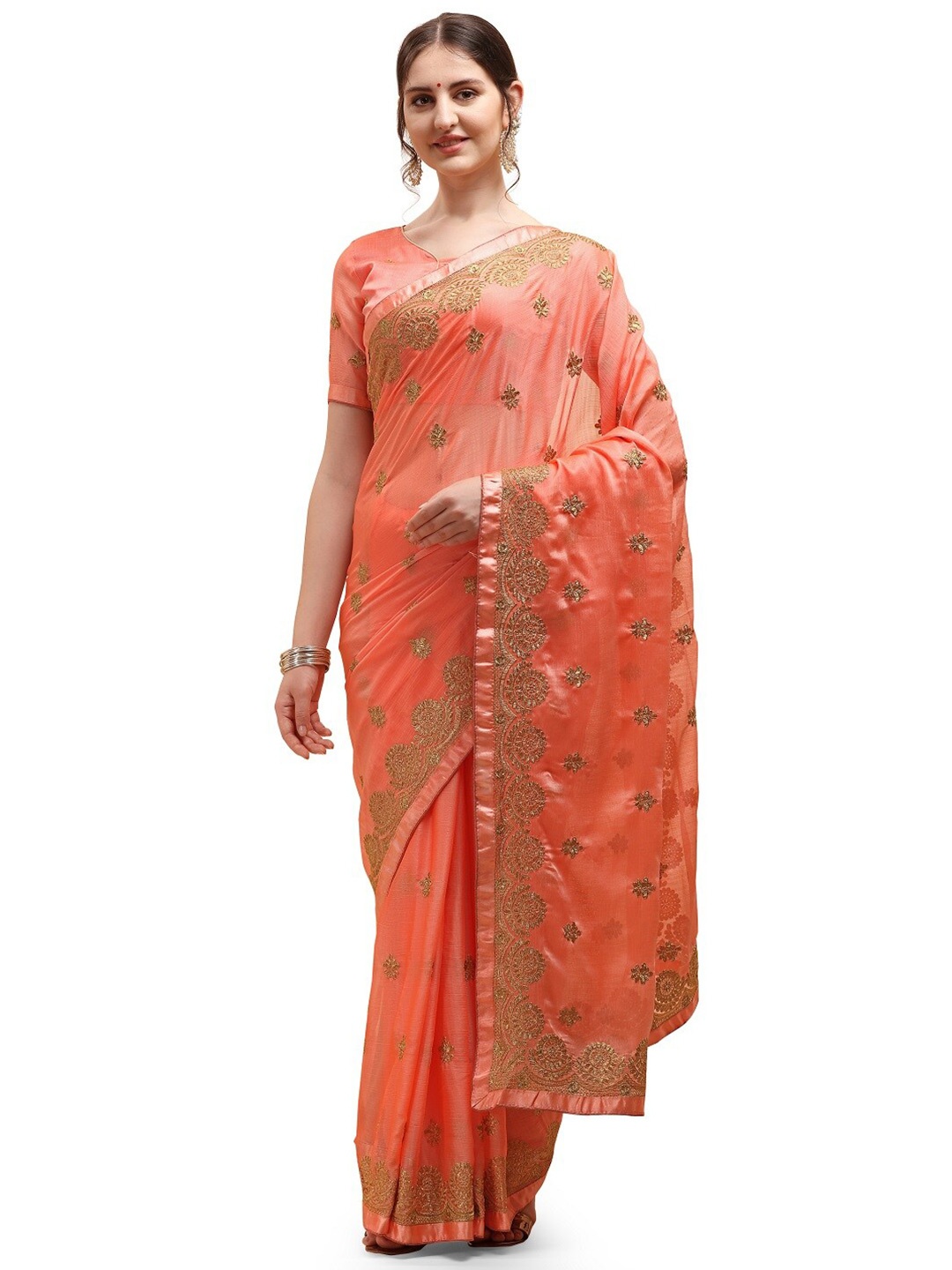 

KALINI Ethnic Motifs Embroidered Chiffon Saree, Orange