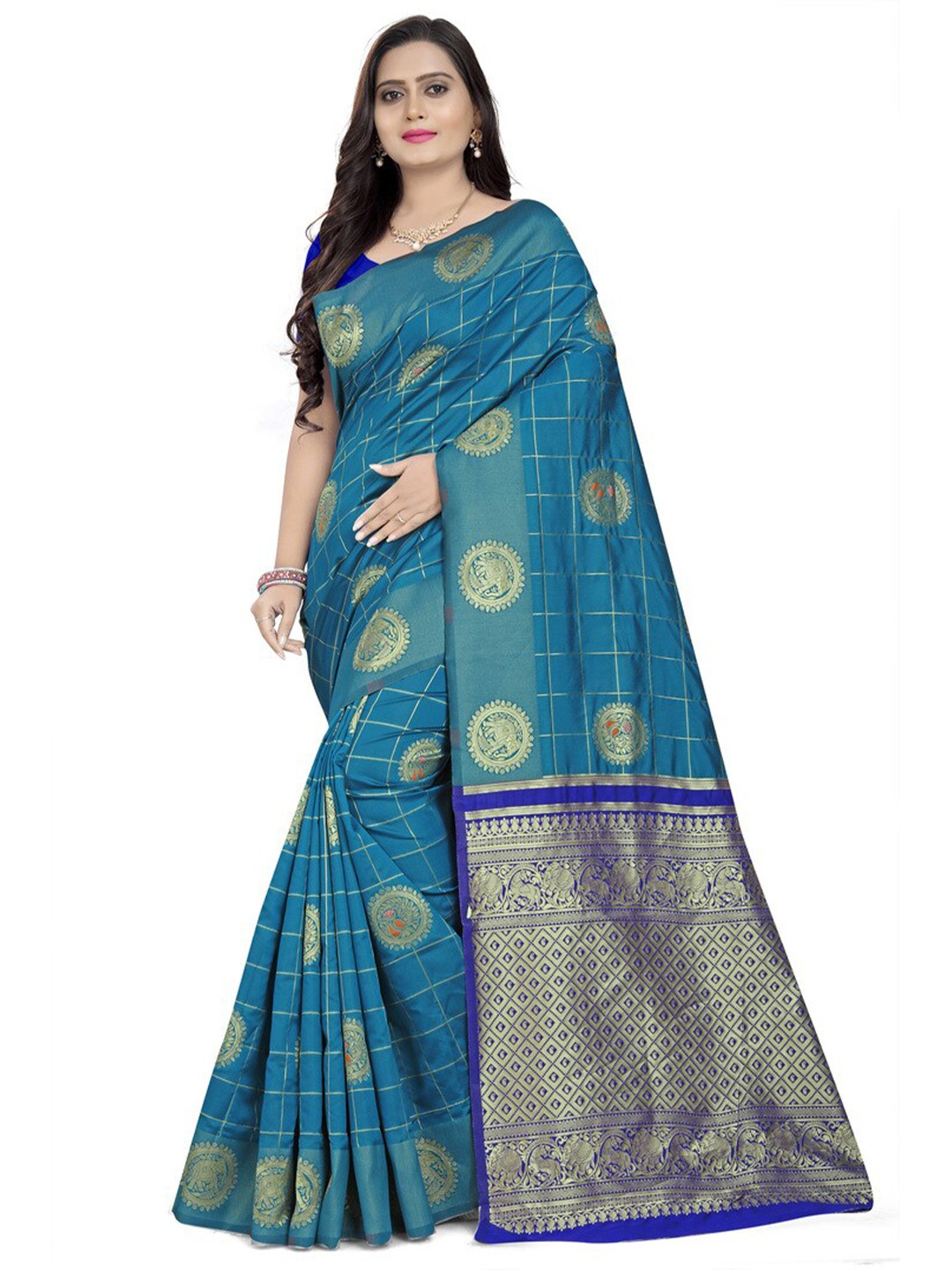 

KALINI Ethnic Woven Design Zari Silk Cotton Saree, Blue