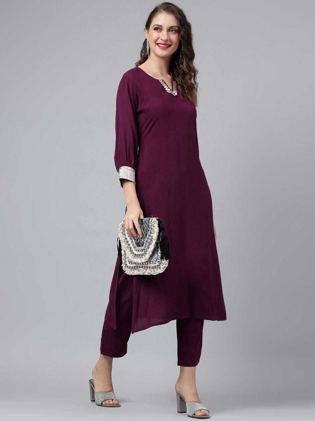 

SIAH Regular Mirror Work Embroidered Straight Kurta With Trousers, Purple