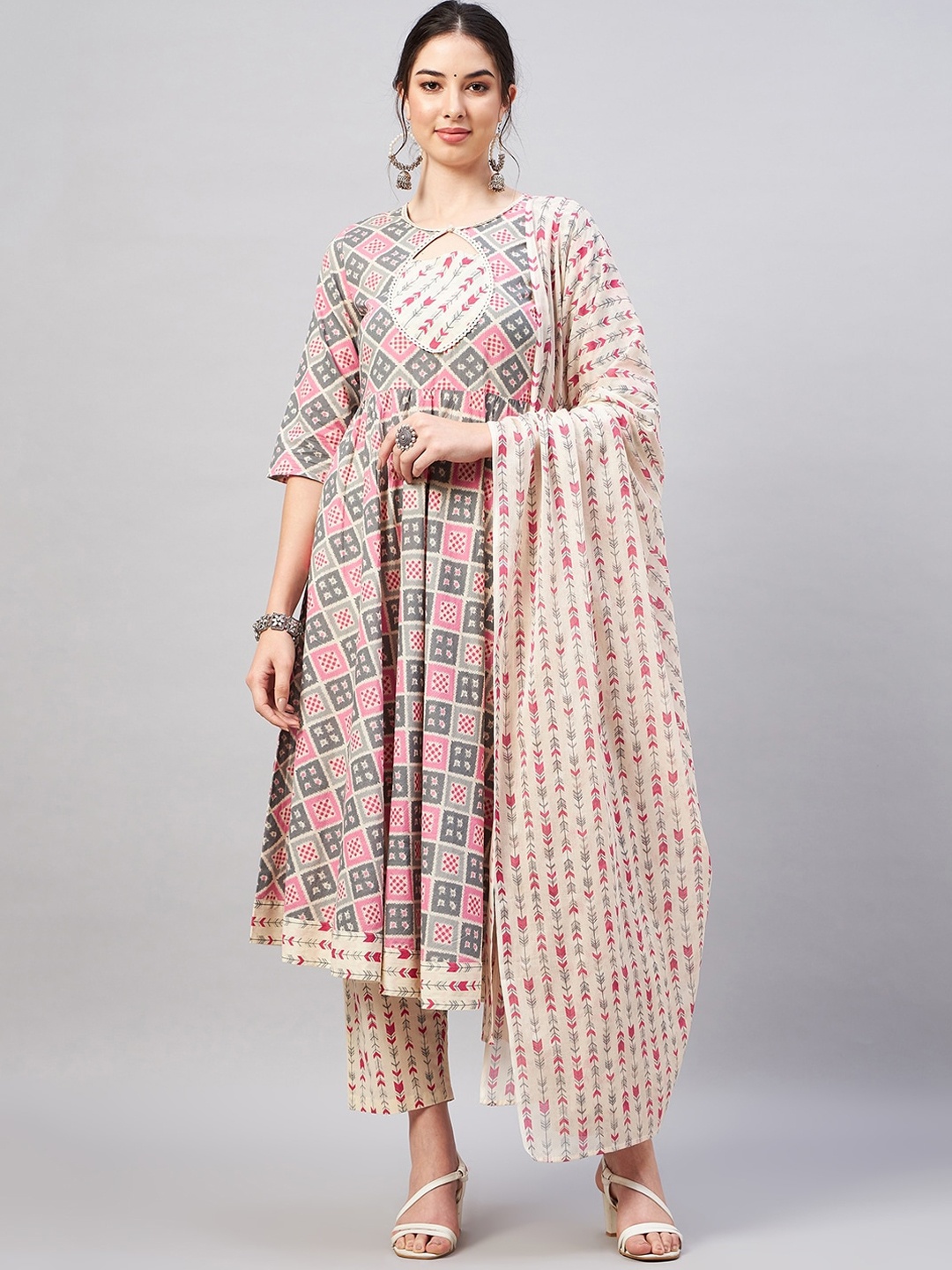 

WineRed Ethnic Motifs Printed Pure Cotton Kurta With Trousers & Dupatta, Beige