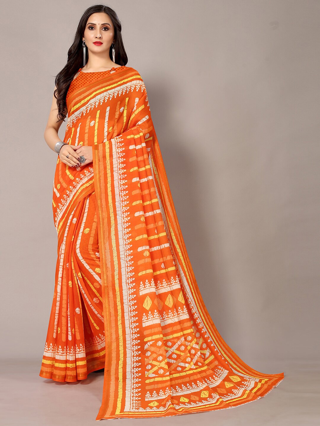 

KALINI Striped Cotton Blend Saree, Orange