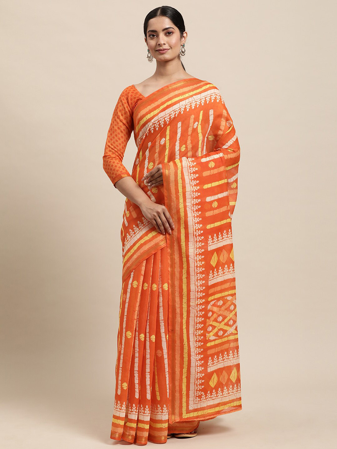 

KALINI Striped Zari Saree, Orange