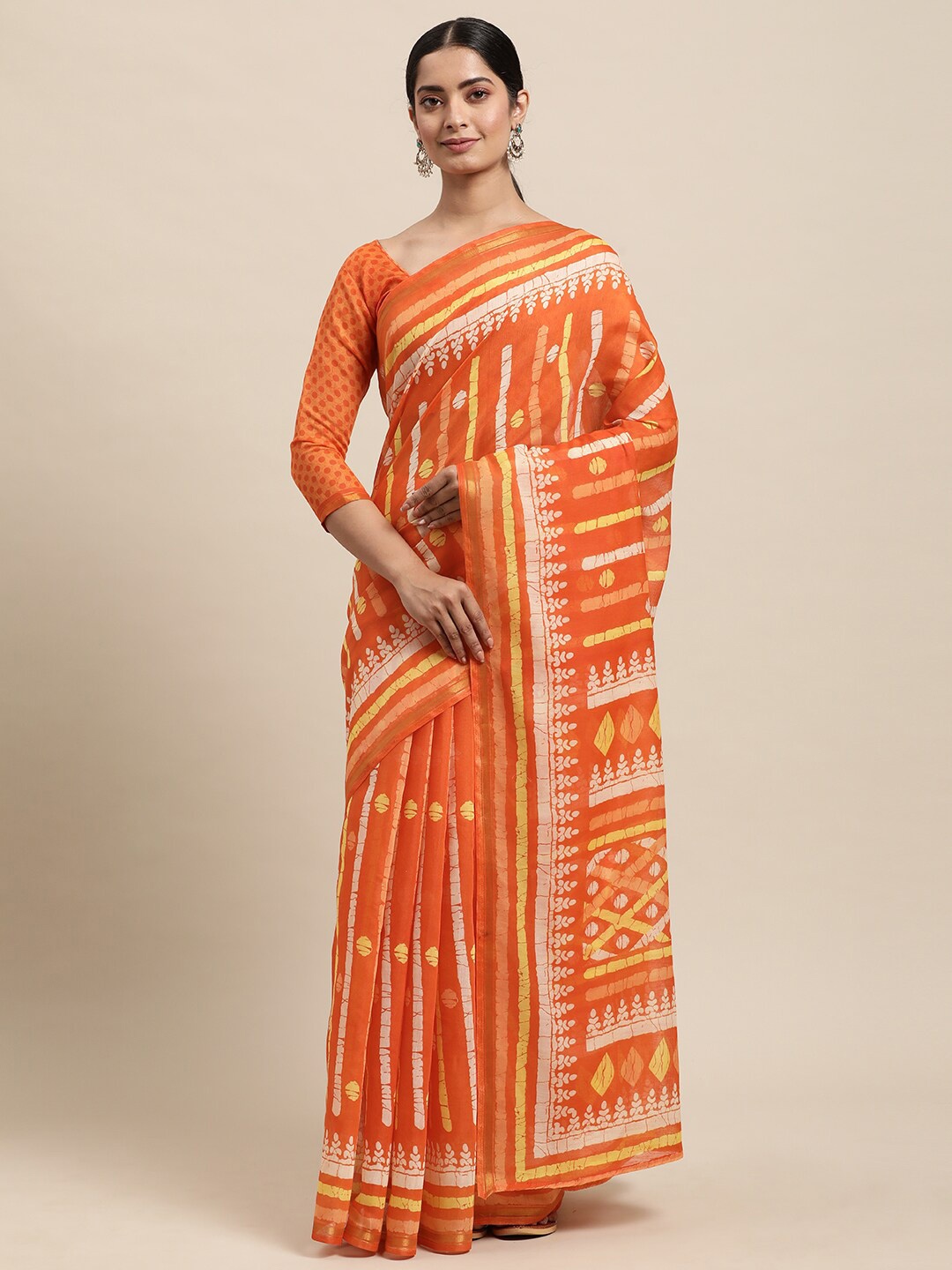 

Shaily Orange & Yellow Striped Zari Saree