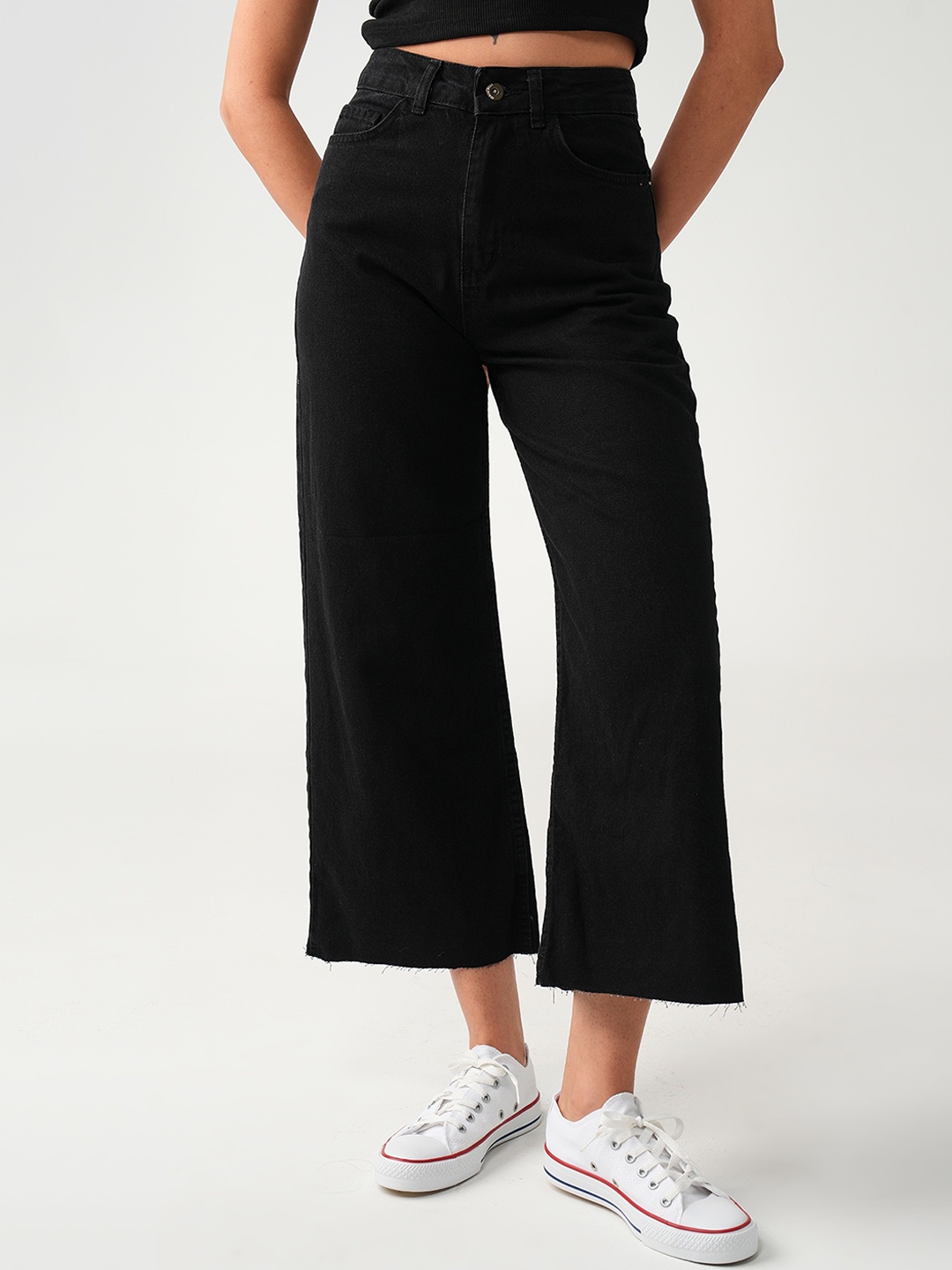 

PRET A TUER Women Wide Leg Mid-Rise Pure Cotton Jeans, Black