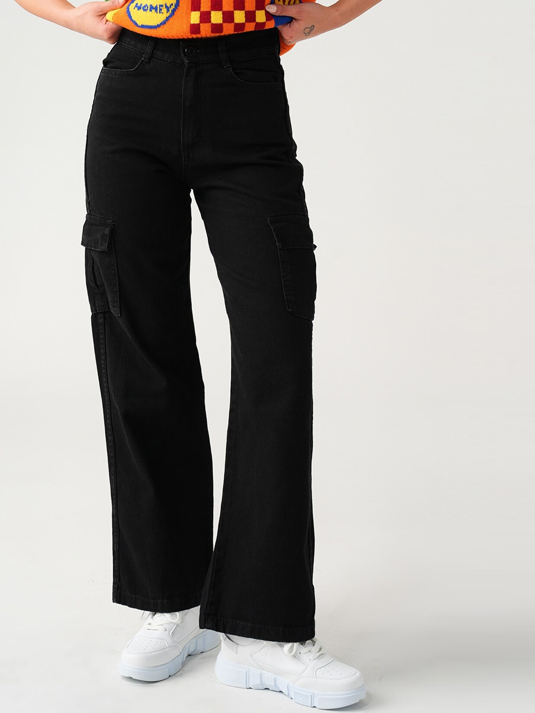 

PRET A TUER Women High-Rise Wide Leg Cargo Style Jeans, Black