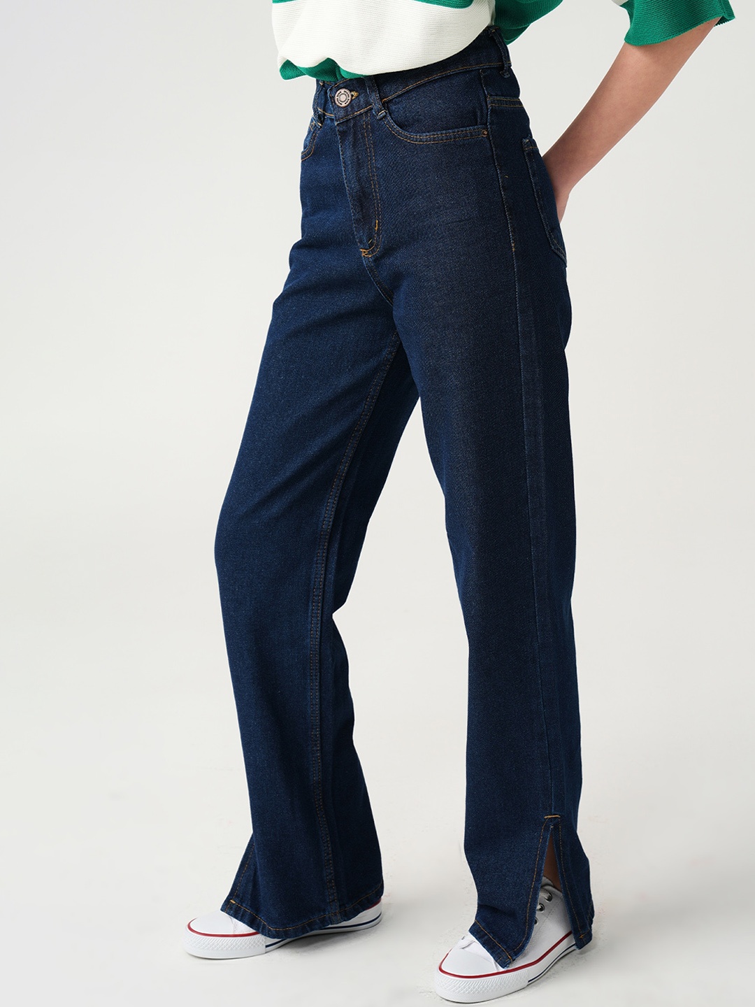 

PRET A TUER Women Straight Fit Mid-Rise Side Slits Stretchable Jeans, Navy blue