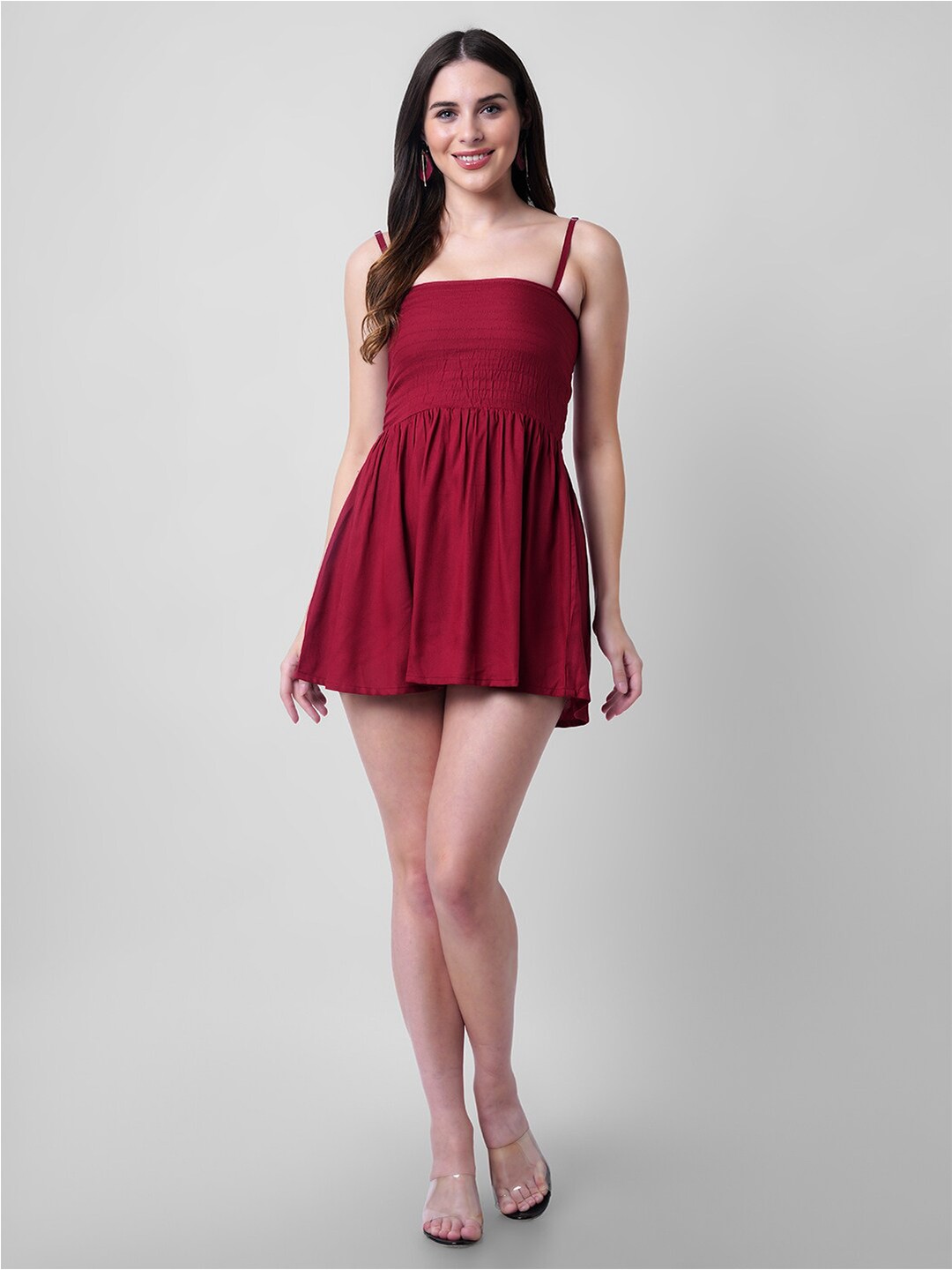 

KALINI Solid Smocked Baby Doll, Maroon