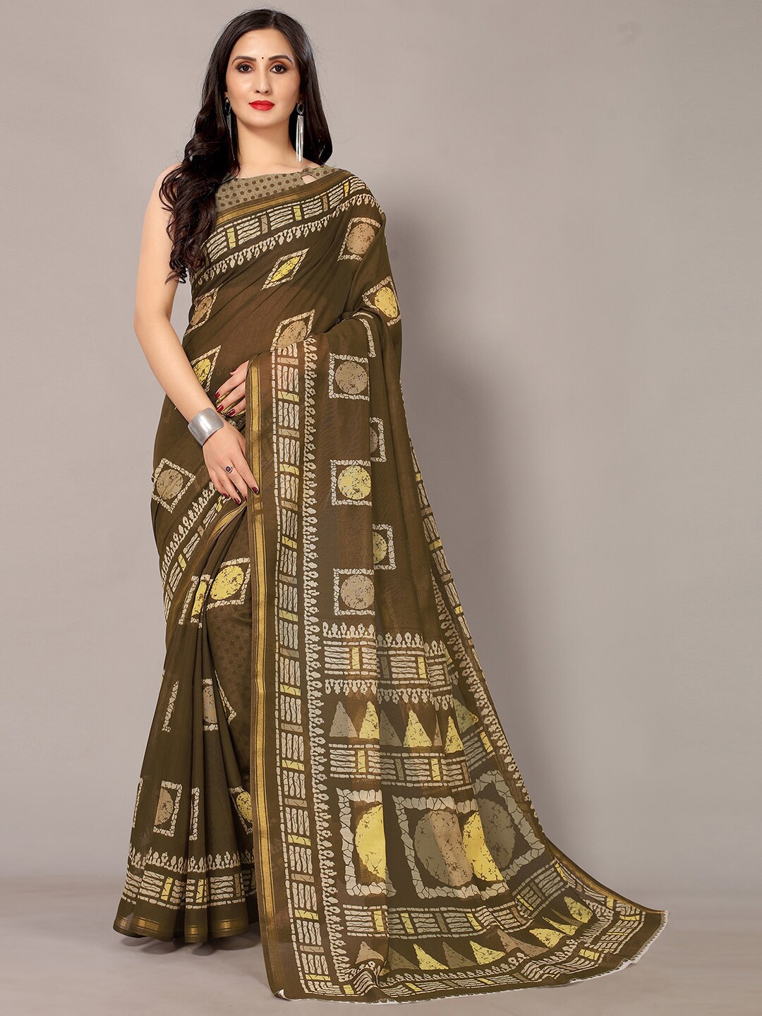 

Shaily Olive Green & Gold-Toned Geometric Printed Zari Saree