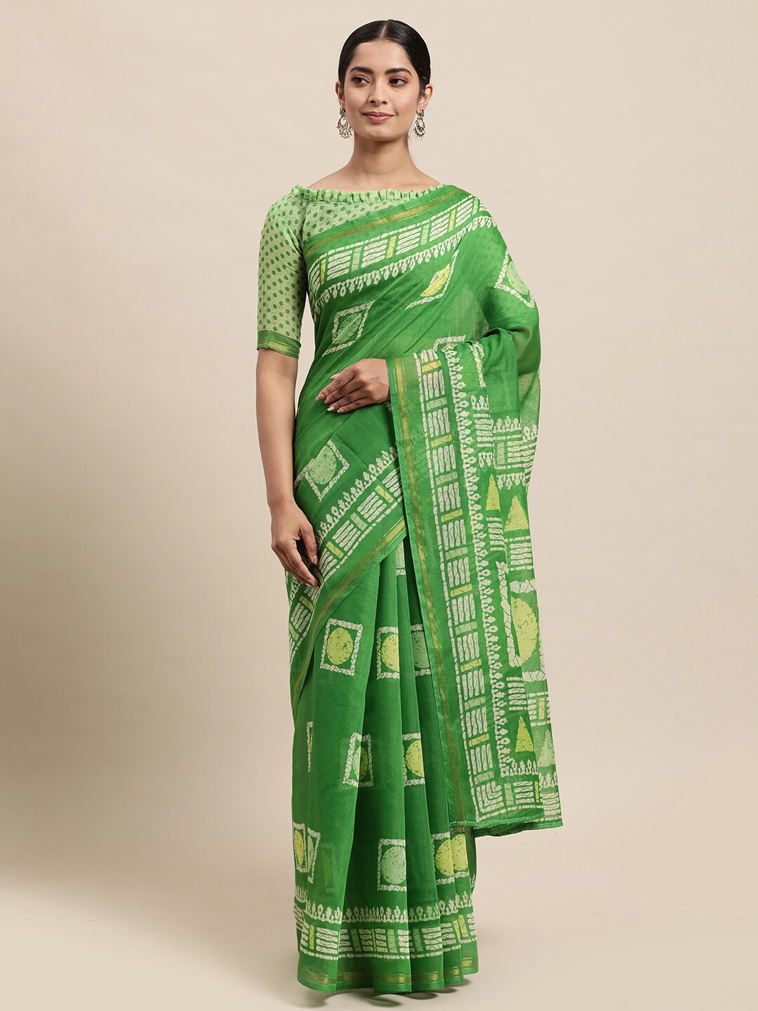 

Shaily Green & Gold-Toned Geometric Printed Zari Saree