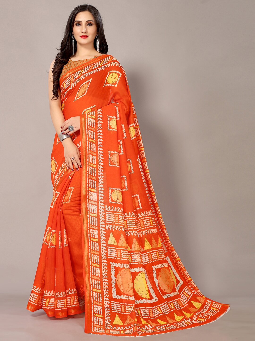 

Shaily Orange & Yellow Geometric Printed Zari Saree