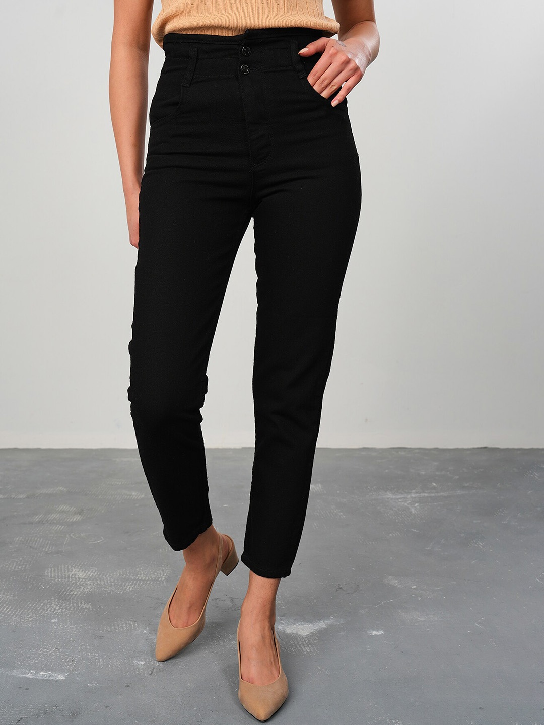 

PRET A TUER Women Skinny Fit High-Rise Pure Cotton Trousers, Black