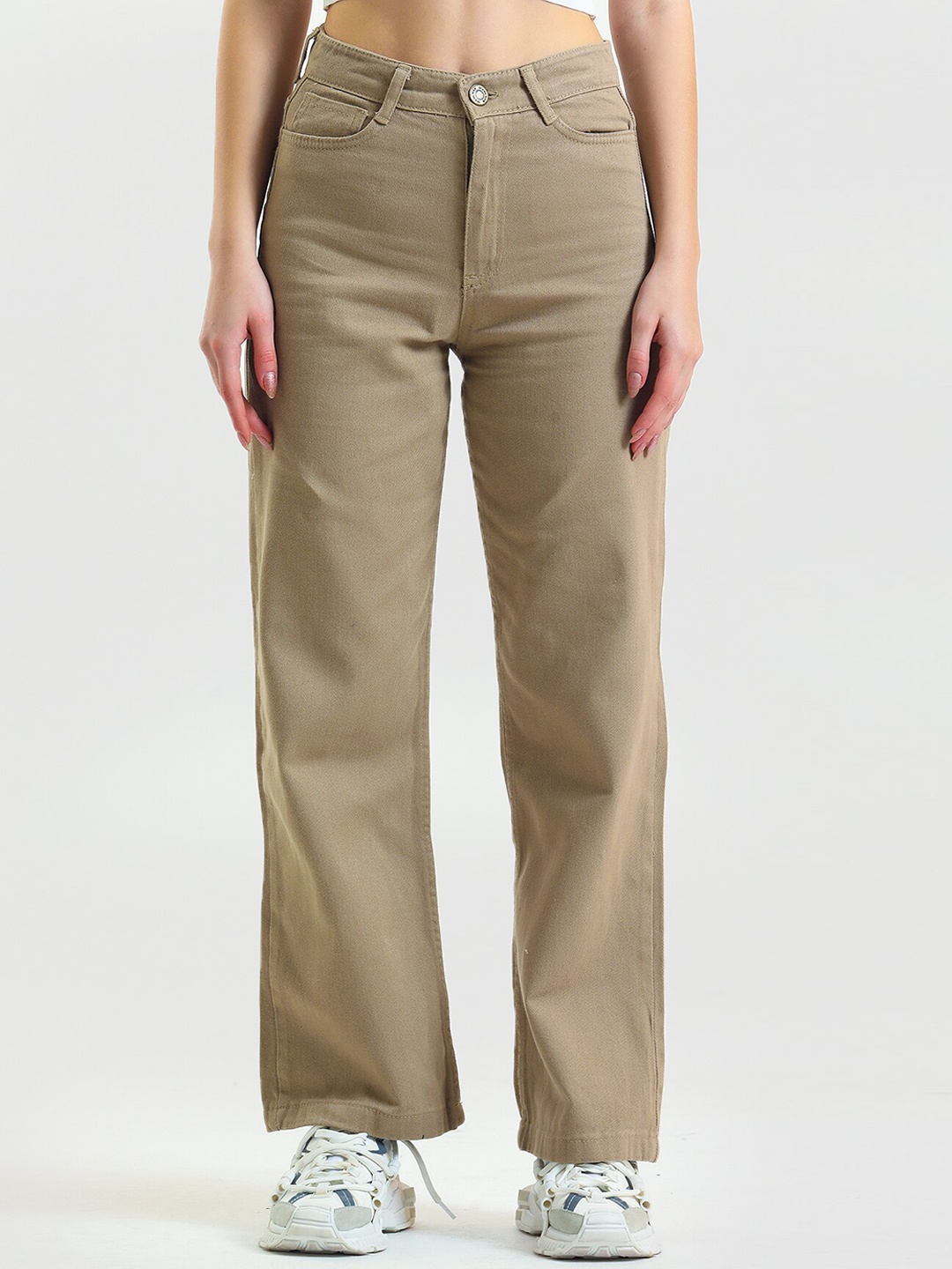 

PRET A TUER Women Straight Fit Pure Cotton Trousers, Beige