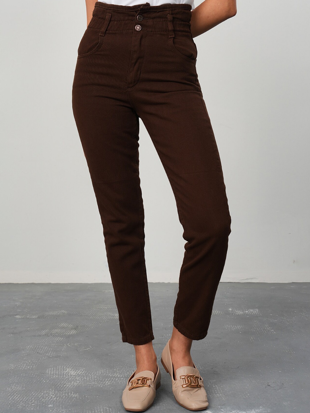

PRET A TUER Women Skinny Fit High-Rise Pure Cotton Trousers, Brown