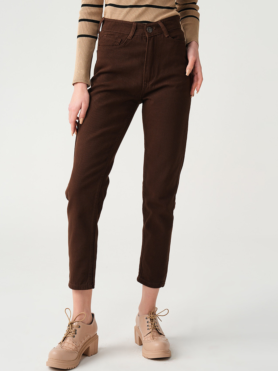 

PRET A TUER Women Slim Fit High-Rise Pure Cotton Trousers, Brown