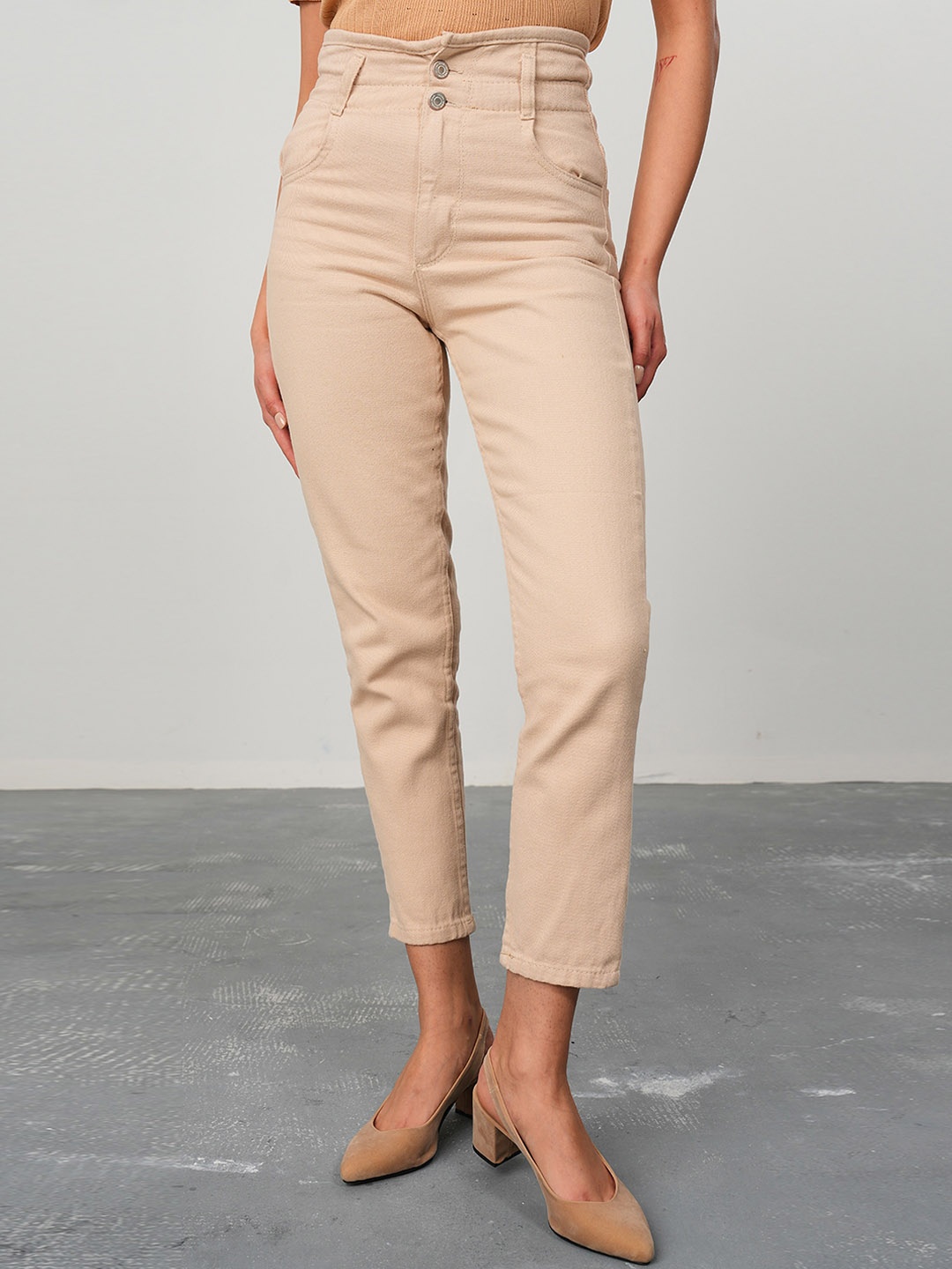 

PRET A TUER Women Skinny Fit High-Rise Pure Cotton Trousers, Beige