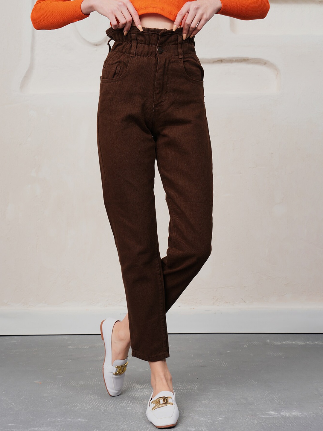 

PRET A TUER Women Brown Slim Fit High-Rise Pure Cotton Trousers