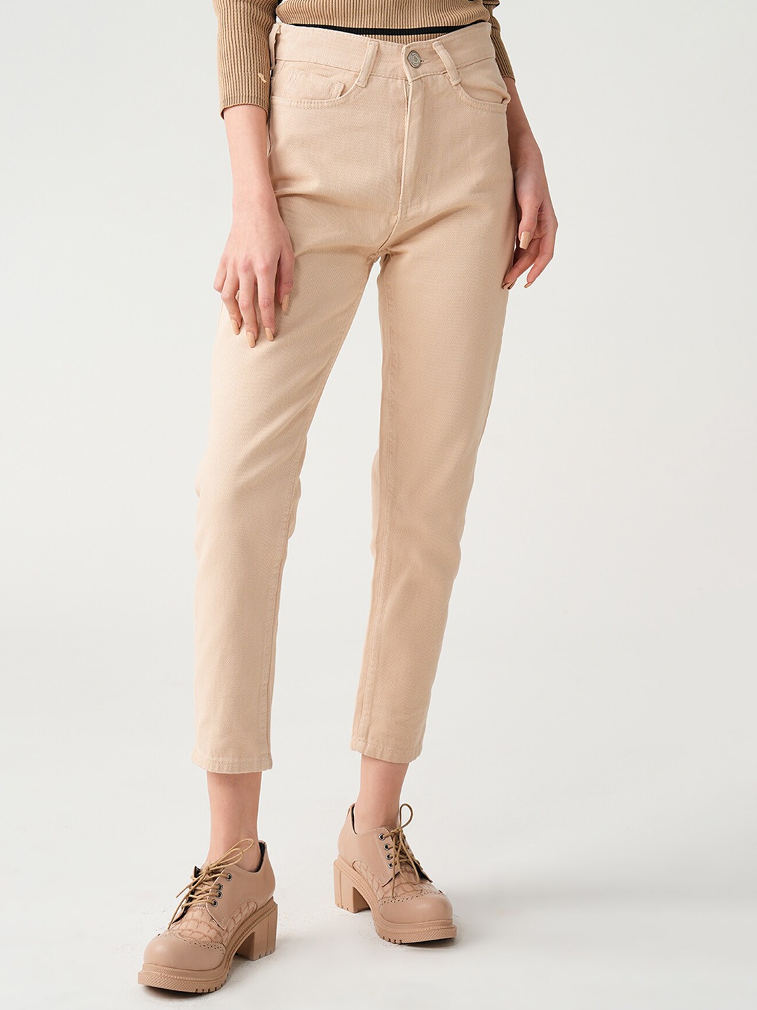 

PRET A TUER Women High-Rise Slim Fit Pure Cotton Trousers, Beige