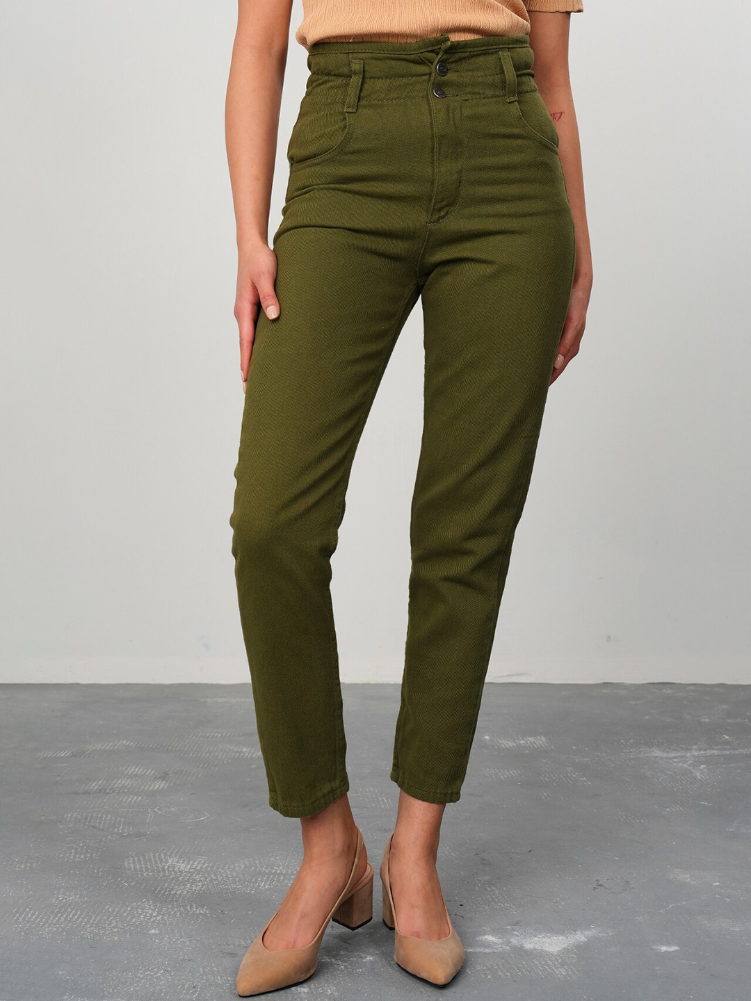 

PRET A TUER Women Skinny Fit High-Rise Pure Cotton Trousers, Green