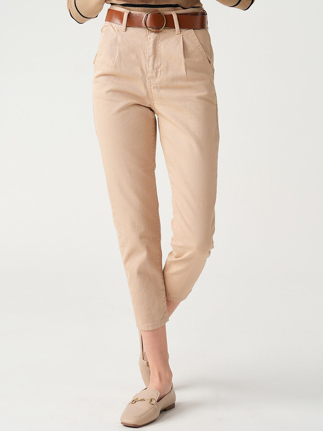 

PRET A TUER Women High-Rise Slim Fit Pure Cotton Trousers, Beige