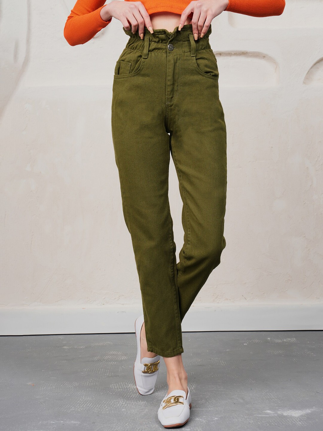 

PRET A TUER Women High-Rise Slim Fit Pure Cotton Trousers, Khaki