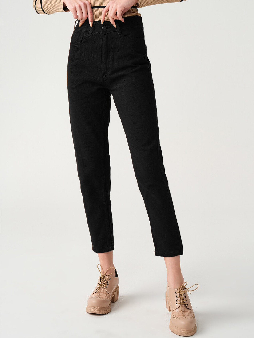 

PRET A TUER Women High-Rise Slim Fit Pure Cotton Trousers, Black