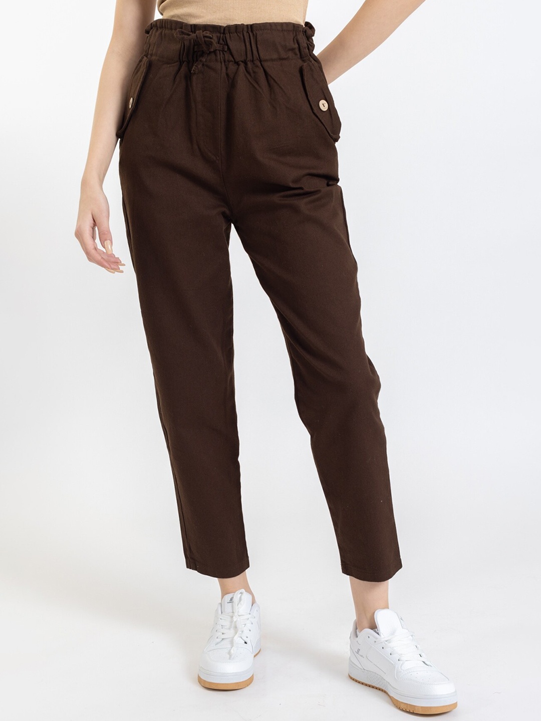 

PRET A TUER Women High-Rise Pure Cotton Trousers, Brown