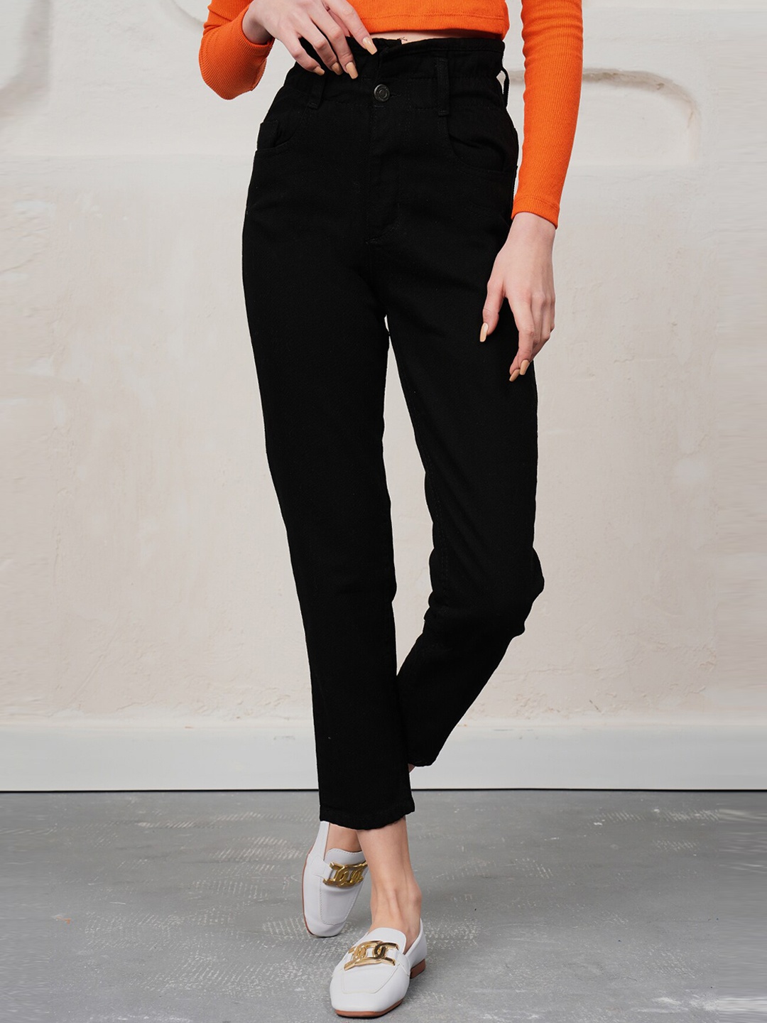 

PRET A TUER Women Slim Fit High-Rise Pure Cotton Trousers, Black