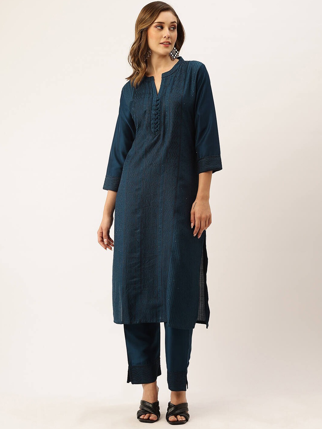 

ZOLA Teal Blue Ethnic Motifs Chikankari Embroidered Regular Kurta With Trousers