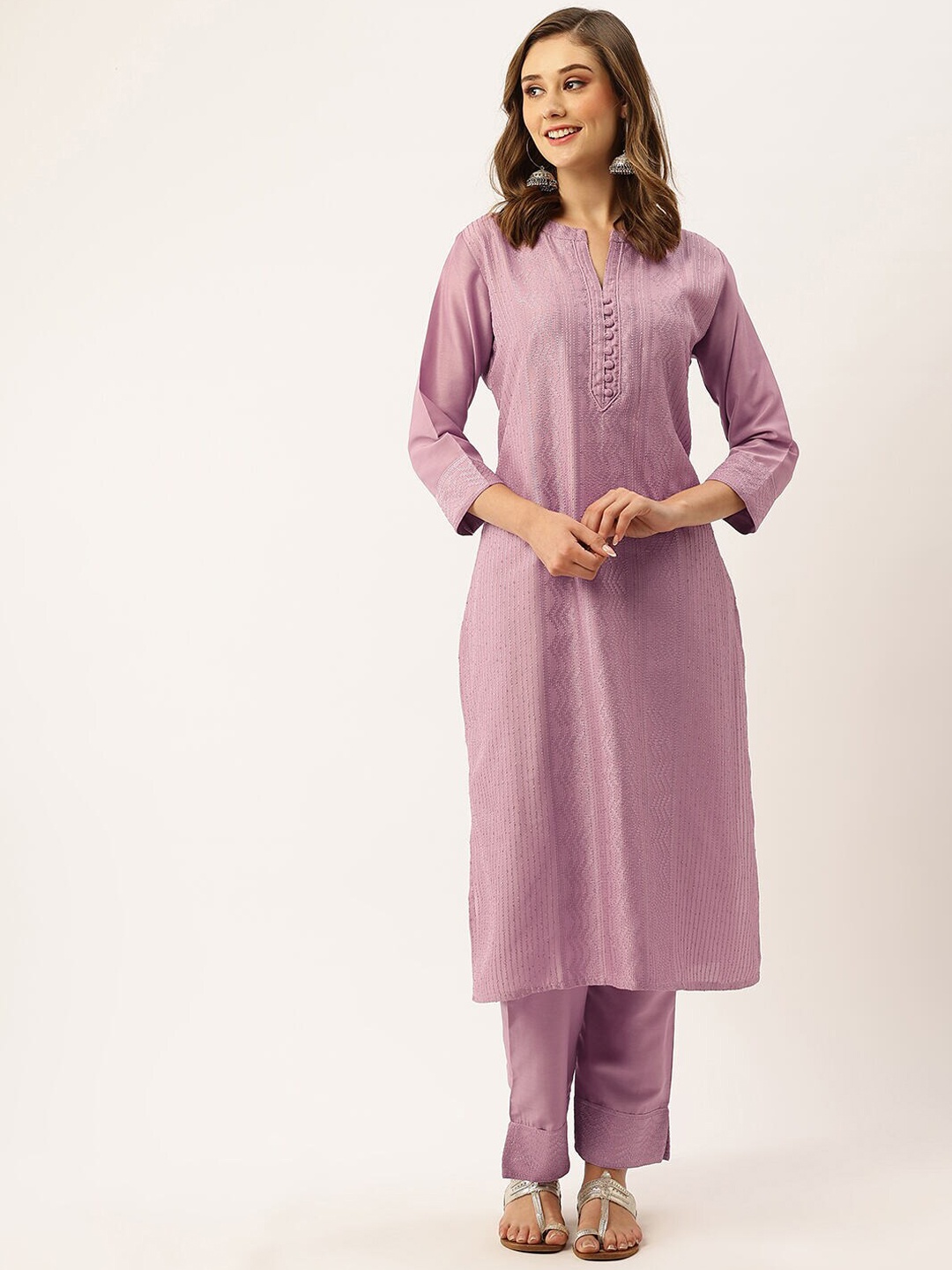 

ZOLA Mauve Ethnic Motifs Chikankari Embroidered Regular Kurta With Trousers
