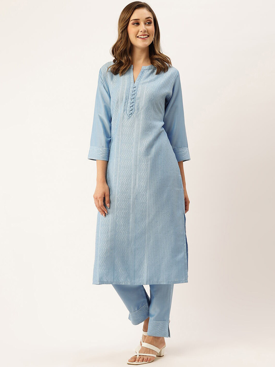 

ZOLA Blue Ethnic Motifs Chikankari Embroidered Regular Kurta With Trousers