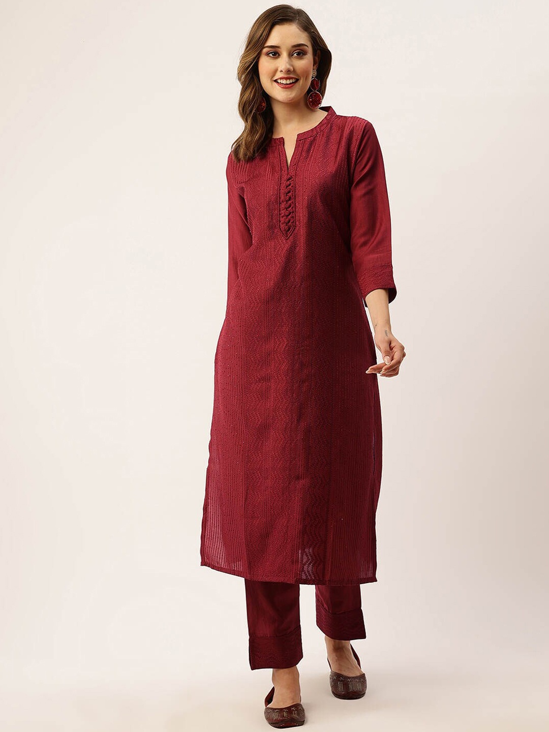 

ZOLA Red Ethnic Motifs Chikankari Embroidered Regular Kurta With Trousers