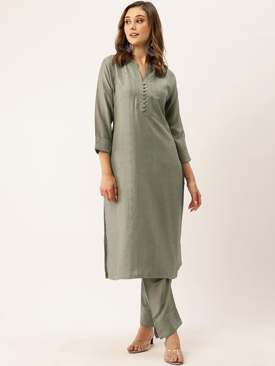 

ZOLA Green Abstract Embroidered Thread Work Kurta with Trousers