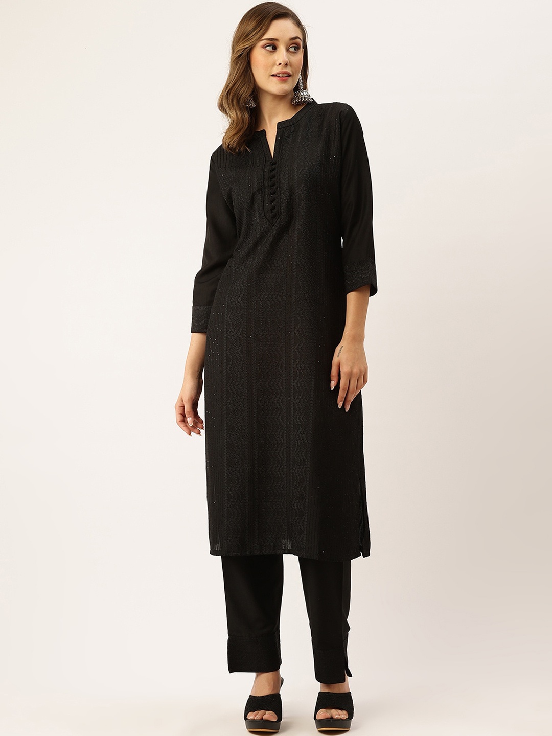 

ZOLA Black Abstract Embroidered Thread Work Kurta with Trousers