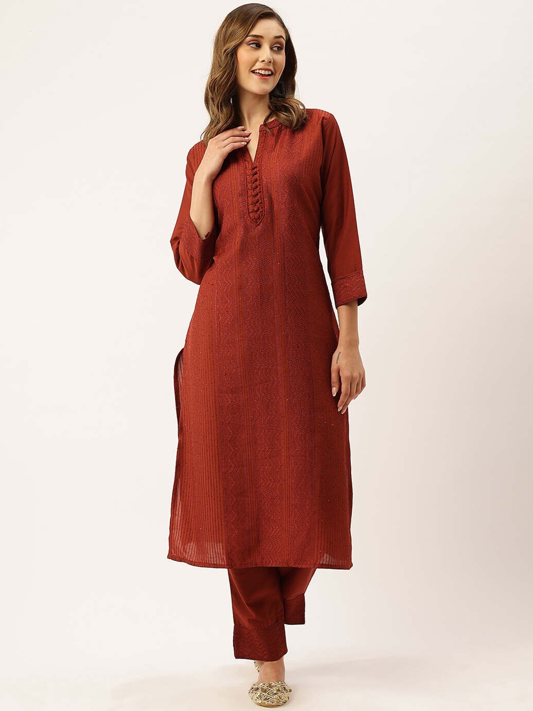 

ZOLA Rust Ethnic Motifs Chikankari Embroidered Regular Kurta With Trousers